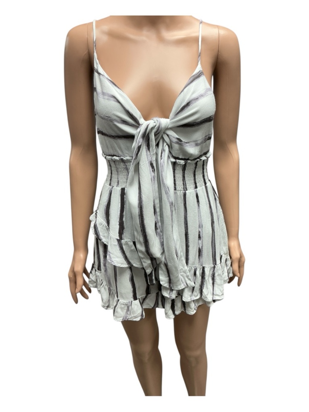 MOD On Trend Striped Tie-Front Romper in Deep Purple & White